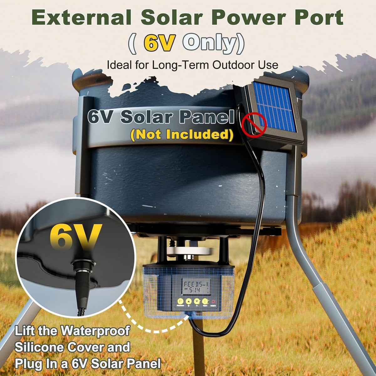 6V Deer Feeder Kit with Digital Timer, Dual Power (Solar Ready & Battery Backup), 1–8 Feedings Per Day, Adjustable