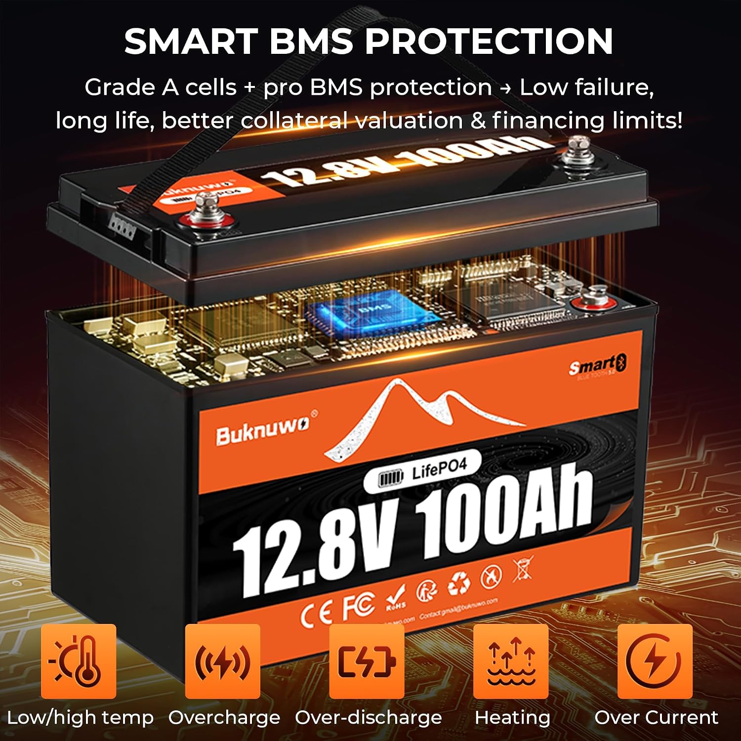 12V 100Ah LiFePO4 Lithium Battery with Bluetooth,15000+ Cycles Lithium Battery for Trolling Motor, Off-Grid,Boat,RV