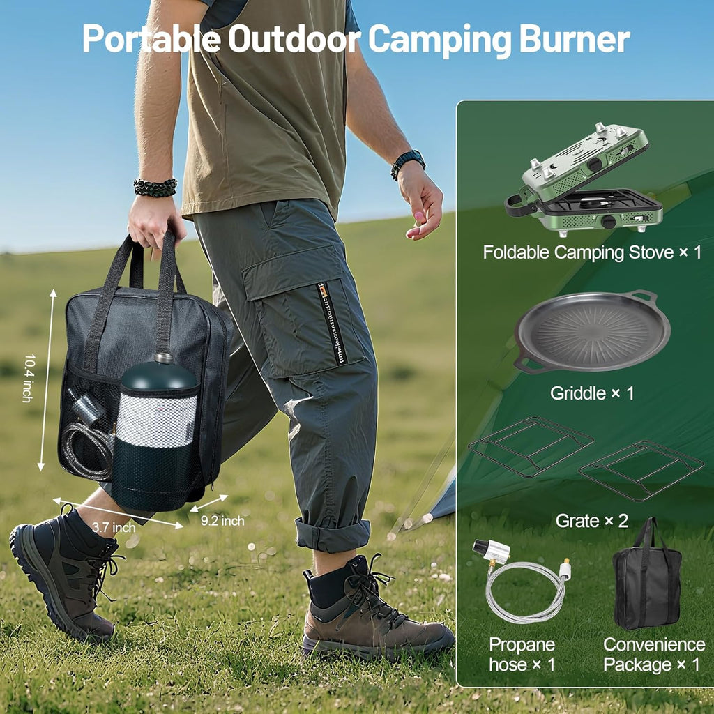 Portable Camping stove, 2 Burner Foldable Camping Stove with Griddle and Carrying Bag & Hose, 8600BTU Portable