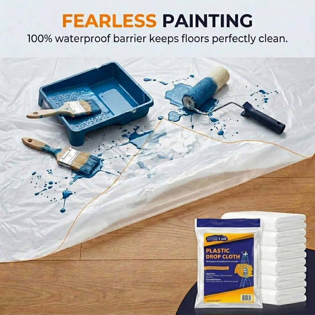 Drop Cloth Painters Plastic Sheeting - Plastic Drop Cloths for Painting, 9 x 12 Feet Paint Drop Cloth Tarp, Clear