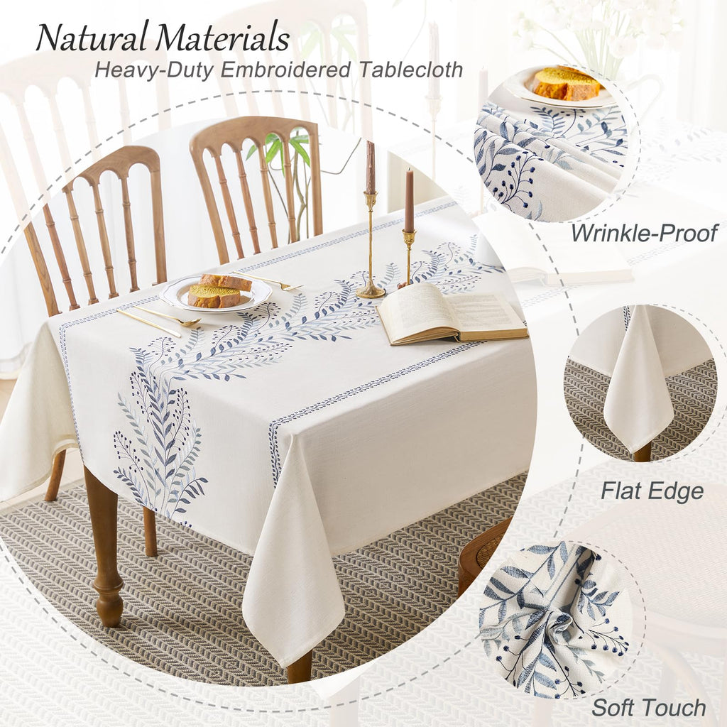Linen Style Embroidered Tablecloth 55"x71" Rectangle Blue