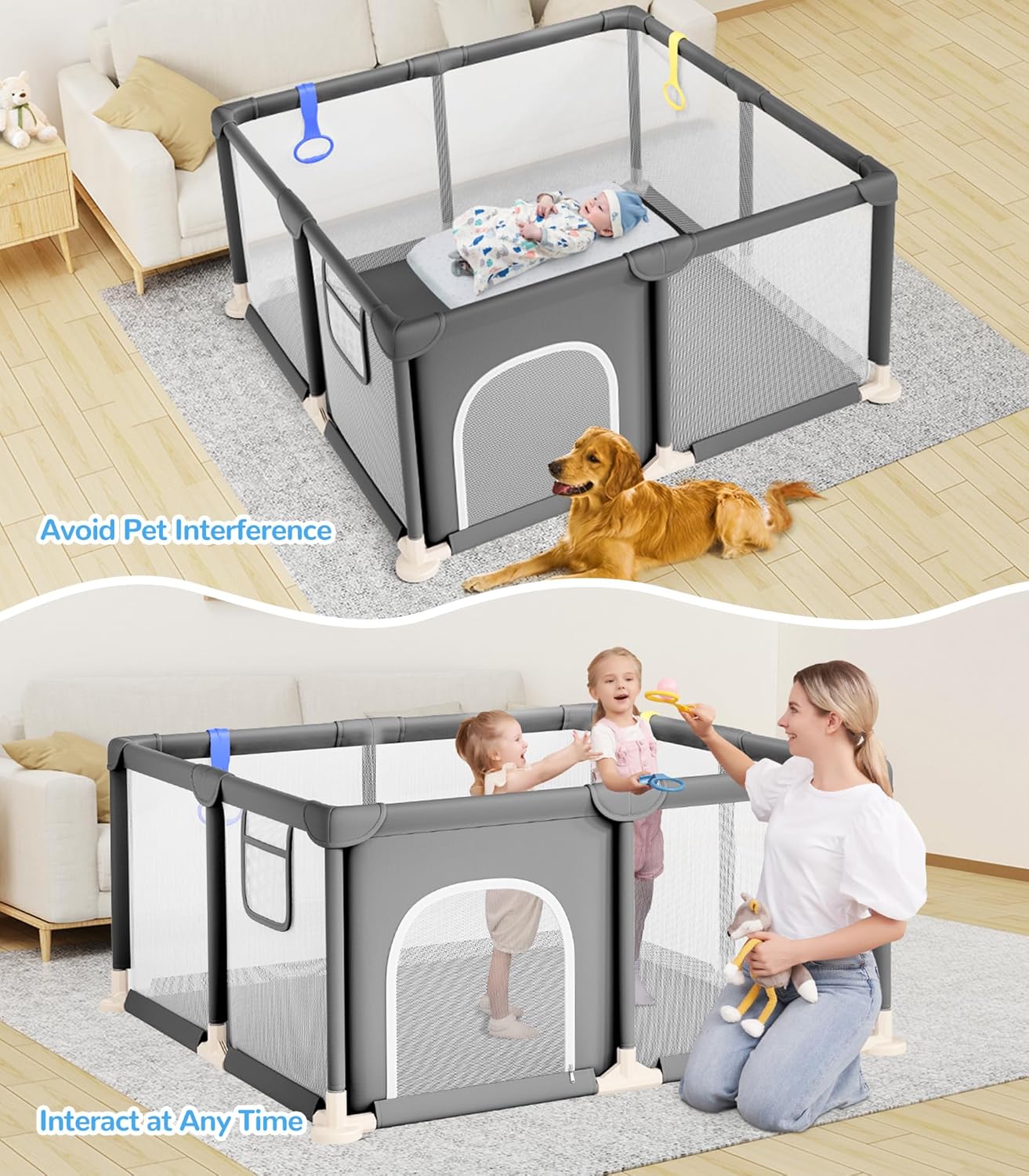 Baby Playpen, 47"x47" Small Play Pen for Babies, Grey | Breathable Visible Mesh, Anti-Fall Design, Easy Setup