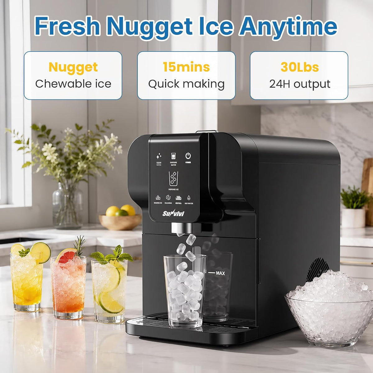 Nugget Ice Maker Countertop, Auto Drop Ice, Self Cleaning