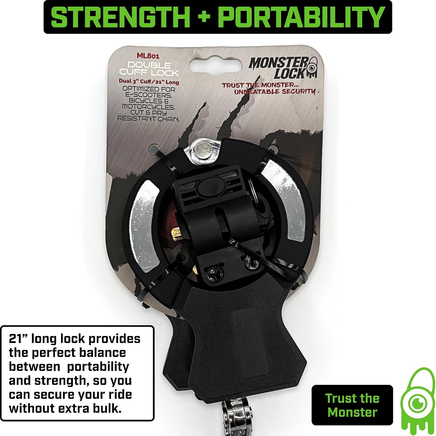 Monster Lock ML801 Heavy-Duty Chain Lock with Dual 3" Cuffs, 21" Long – Cut & Pry Resistant Security Chain for