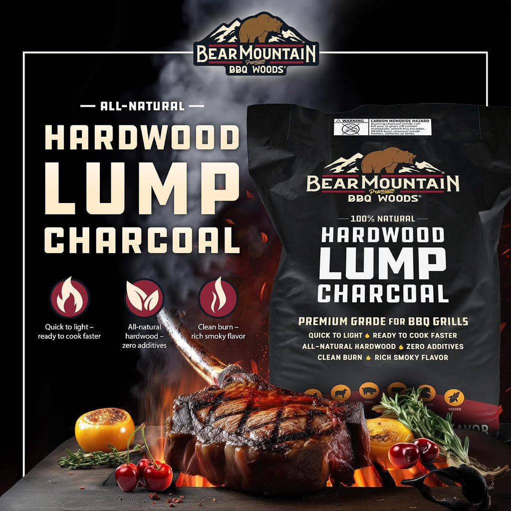 Bear Mountain BBQ Hardwood Lump Charcoal, Premium Grade for BBQ Grills, Quick to Light and Ready to Cook Faster, Rich