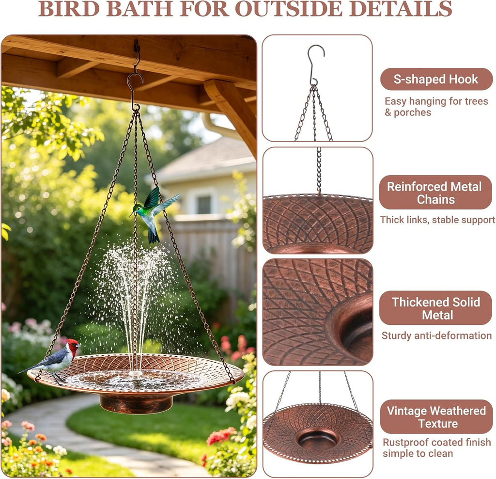 19.6" Large Bird Bath with Solar Fountain, LED & Battery Hanging Birdbath