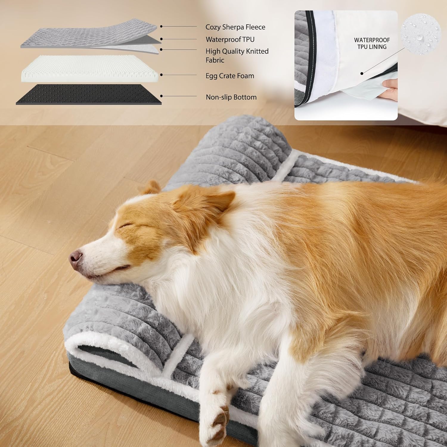 Orthopedic Dog Bed Large Sized Dog with Pillow 36''X24'', Waterproof Soft Comfortable Egg Crate Foam Pet Crate Beds