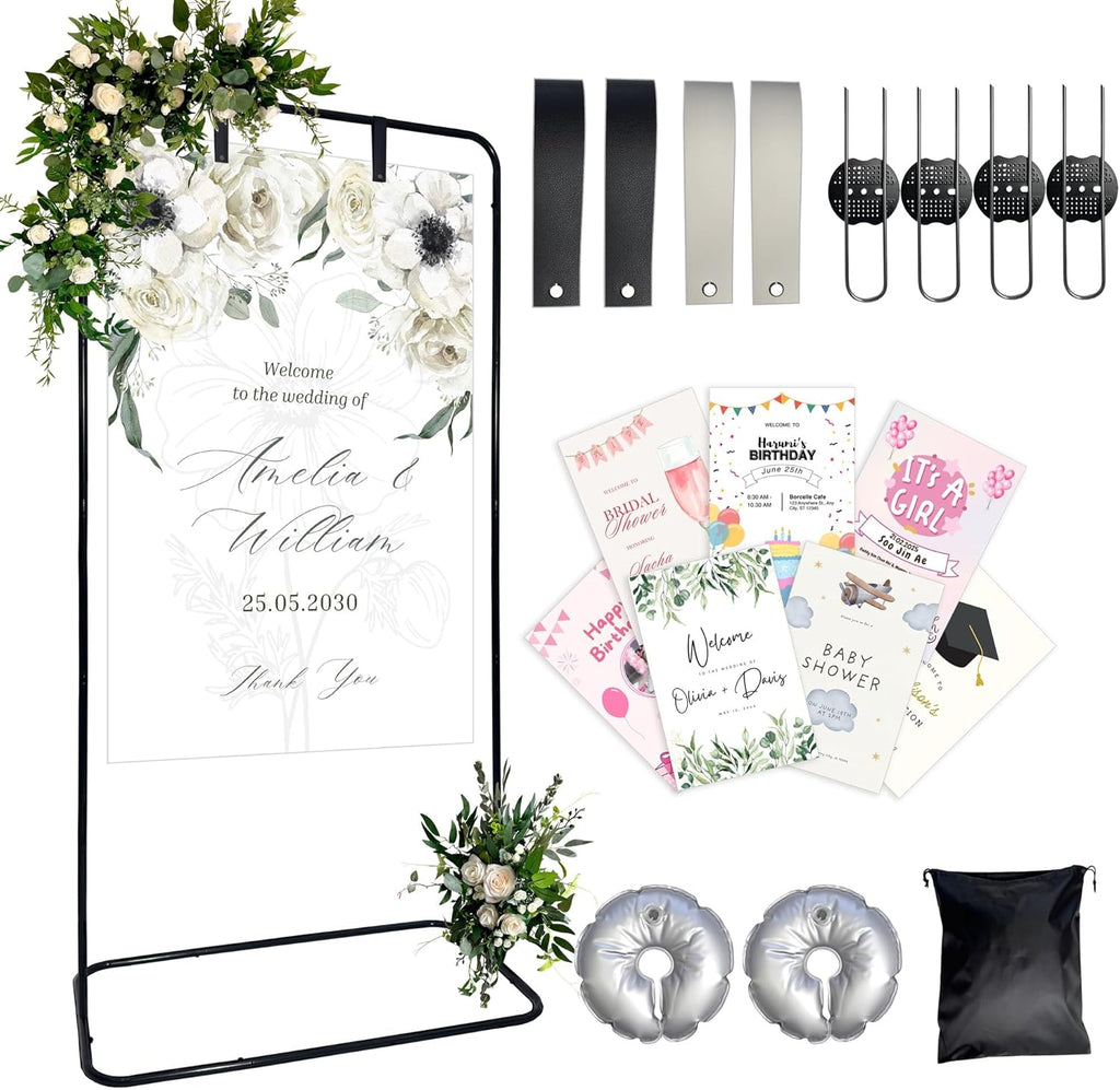 Black Large Wedding Welcome Sign Stand with DIY Blank Selfie Frame (40" x 30") - Customizable Photo Booth Prop for