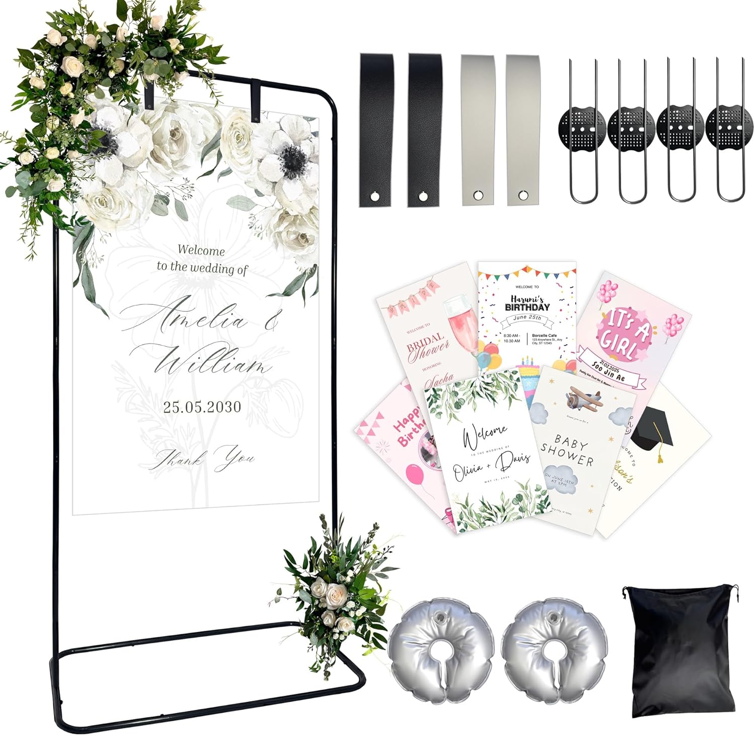 Black Large Wedding Welcome Sign Stand with DIY Blank Selfie Frame (40" x 30") - Customizable Photo Booth Prop for
