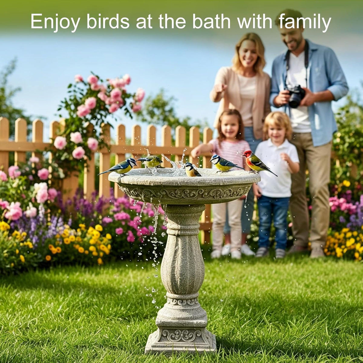 23.8" Tall Pedestal Bird Bath for Outdoor, Antique Weathered Concrete Birdbath with Decorative Carving, Durable