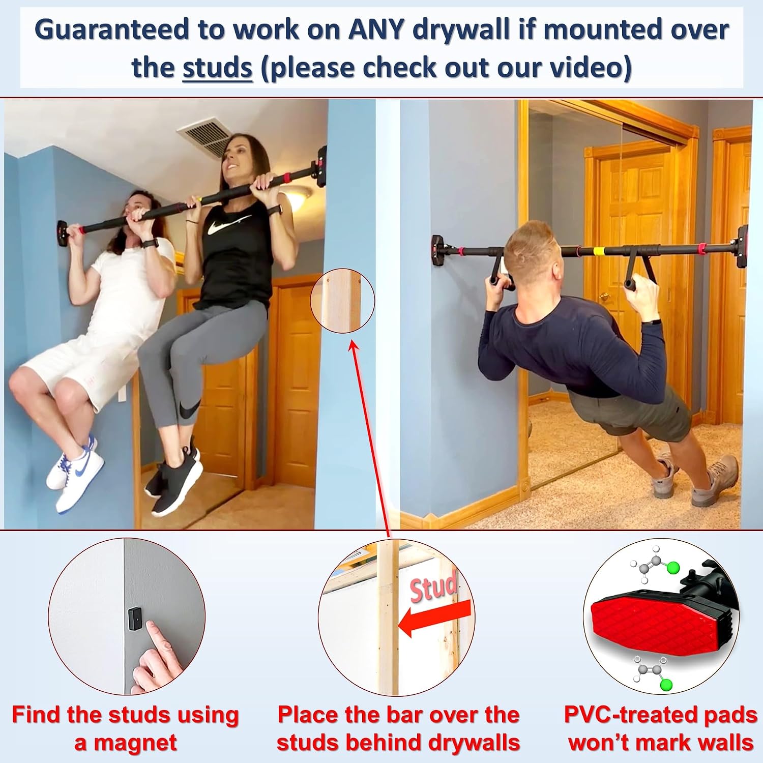 Pull Up Bar for Hallway or Doorway 6-piece Set with Two Attachable Resistance Bands/Handles, Training Manuals, No