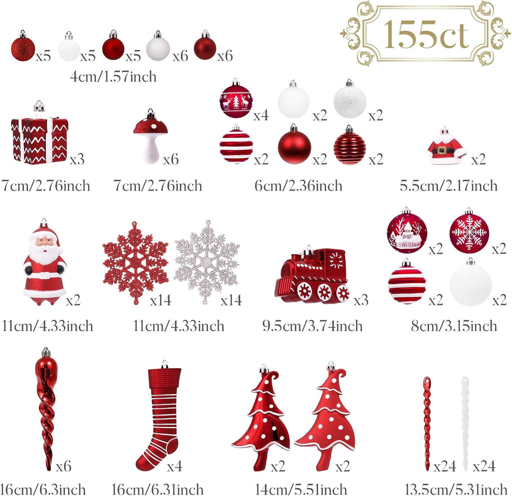 Christmas Tree Ornaments Set, 155ct Red and White Shatterproof Christmas Tree Decorations Bulk, Variety Traditional