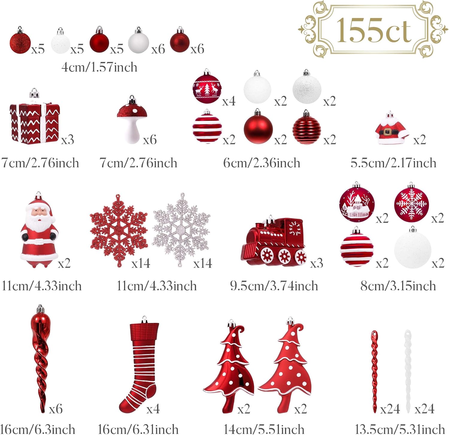 Christmas Tree Ornaments Set, 155ct Red and White Shatterproof Christmas Tree Decorations Bulk, Variety Traditional