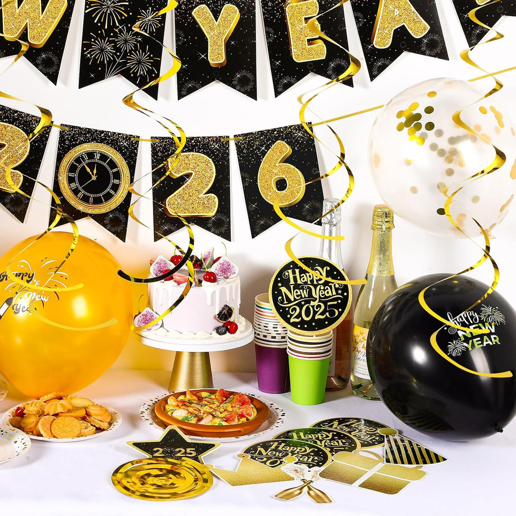2026 New Years Eve Party Decoration Supplies Happy New Year Banner Gold and Black Hanging Swirls Balloons Cake