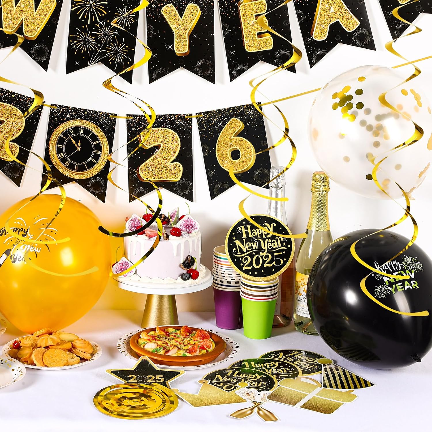 2026 New Years Eve Party Decoration Supplies Happy New Year Banner Gold and Black Hanging Swirls Balloons Cake