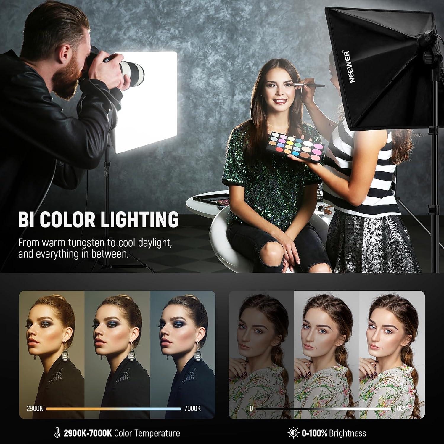 2Pcs 24"x24" 900W Equivalent Softbox Lighting Kit with Tripod Stands, 45W Bi Color 2.4G LED Bulbs, Remote, 10