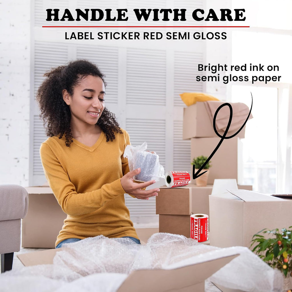1000 Labels 3" x 5" Fragile - Handle with Care Label Sticker Red Semi Gloss (2 Roll)