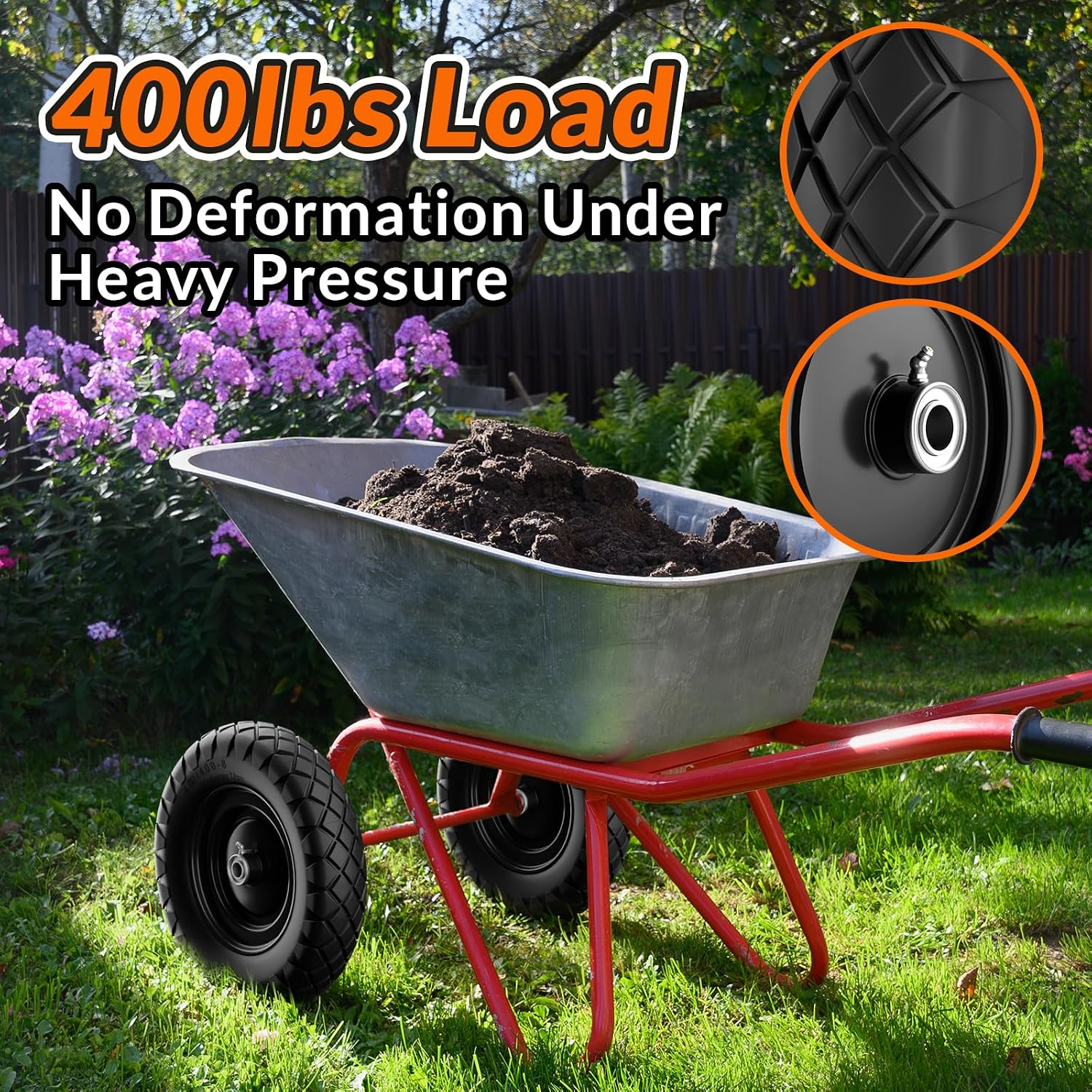 4.80/4.00-8 Flat Free Wheelbarrow Tire and Wheel, 16" Black 2-Pack | Solid Puncture Proof Replacement Tires with 5/8"