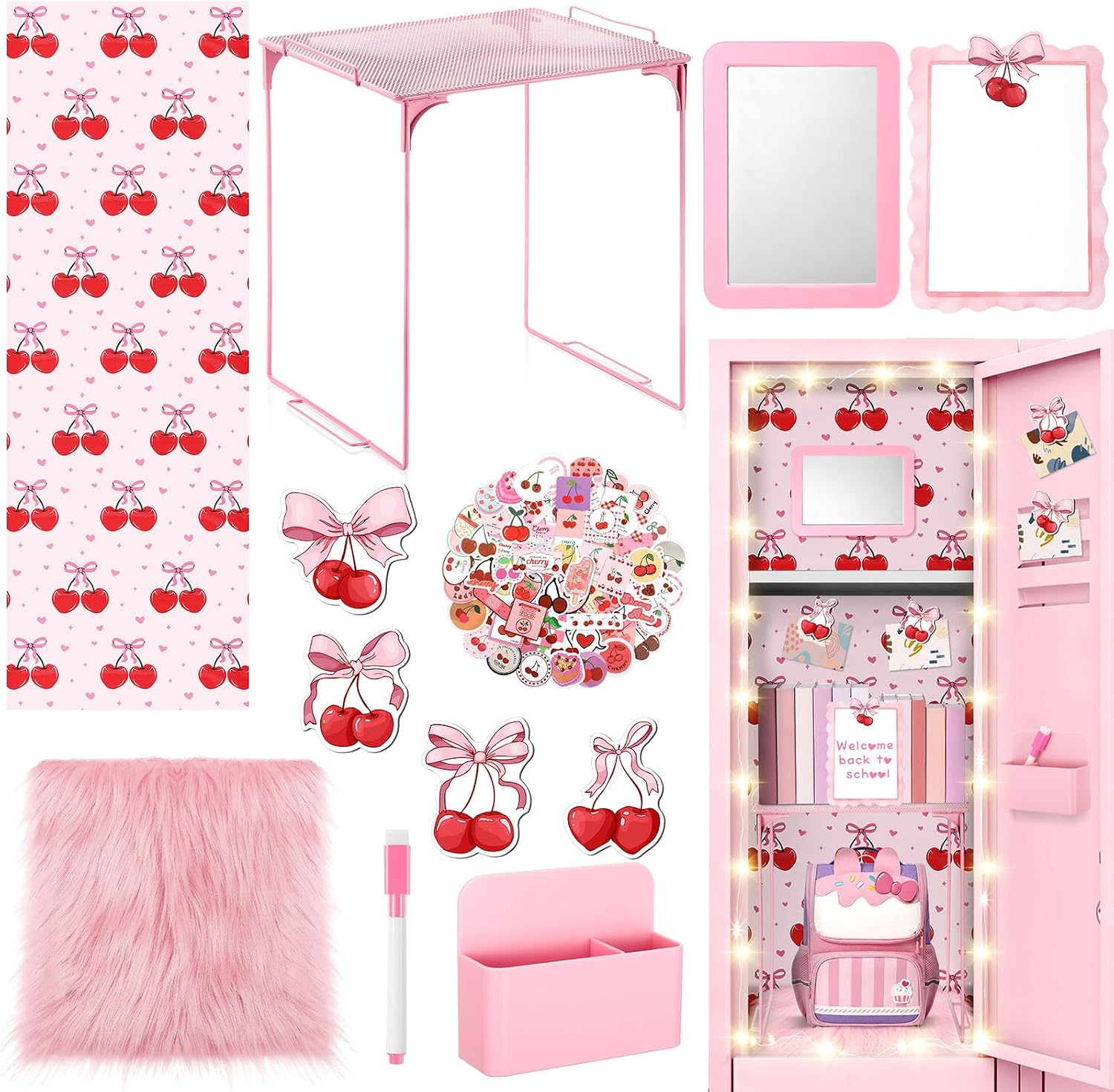 Pink School Locker Accessories for Girls First Day of School Essentials Locker Decoration with Magnetic Wallpaper