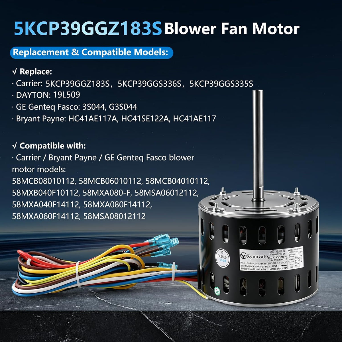 5KCP39GGZ183S Blower Fan Motor Replaces Carrier Bryant Payne 5KCP39GGS335S