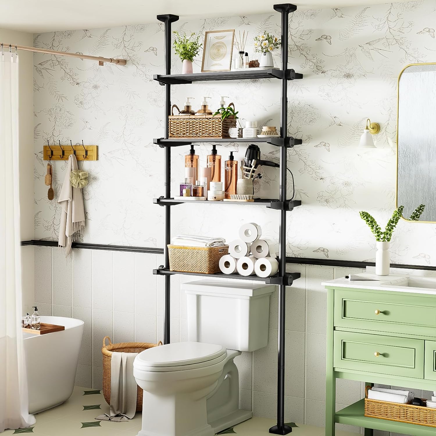Over The Toilet Storage Shelf No Drill 4-Tier Adjustable Bathroom Organizer | Space-Saving Tension floor-to-ceiling