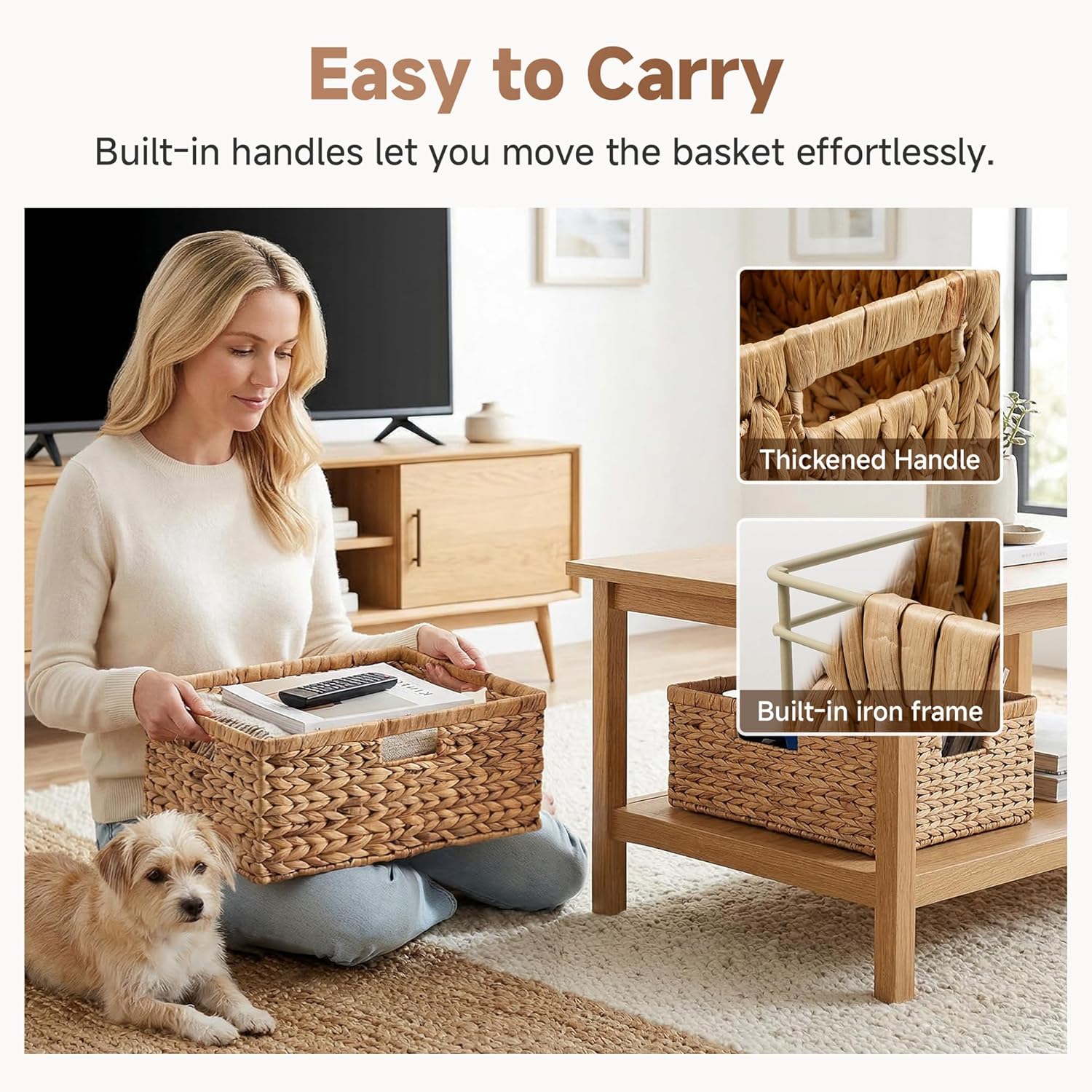 Extra Large Wicker Baskets for Organizing, Water Hyacinth Storage Basket with Built-in Handles, 1 Pack