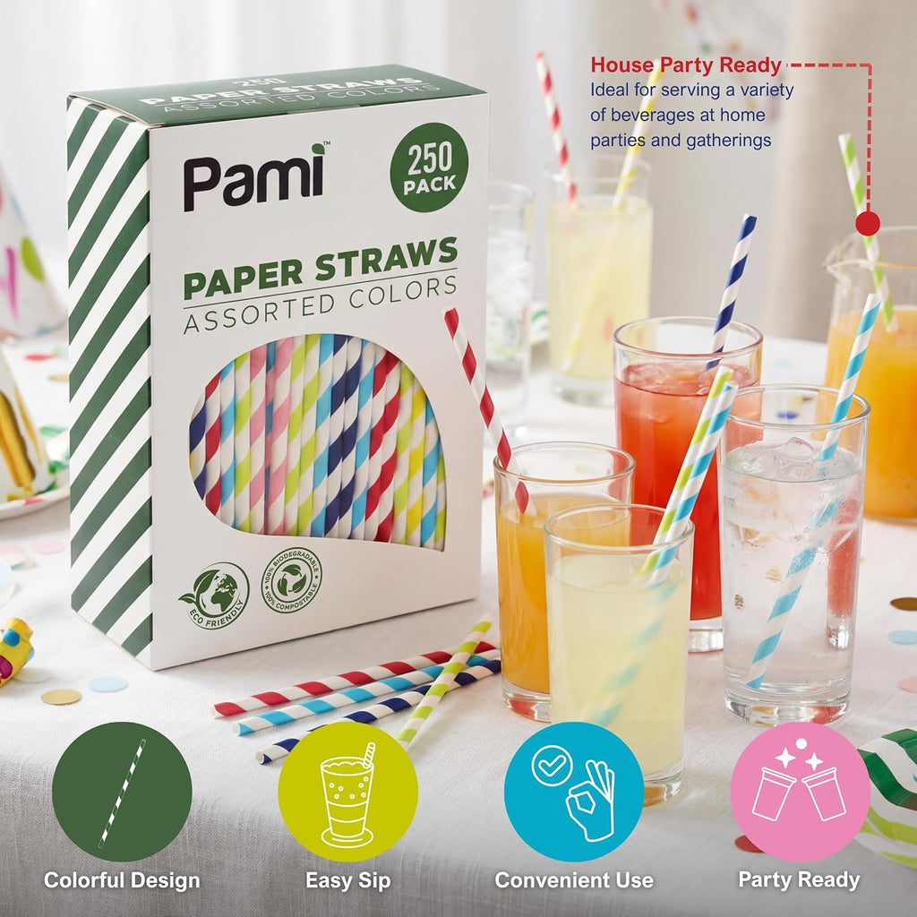 Compostable Paper Straws,Assorted Colors,Biodegradable,Sturdy,250-Pack