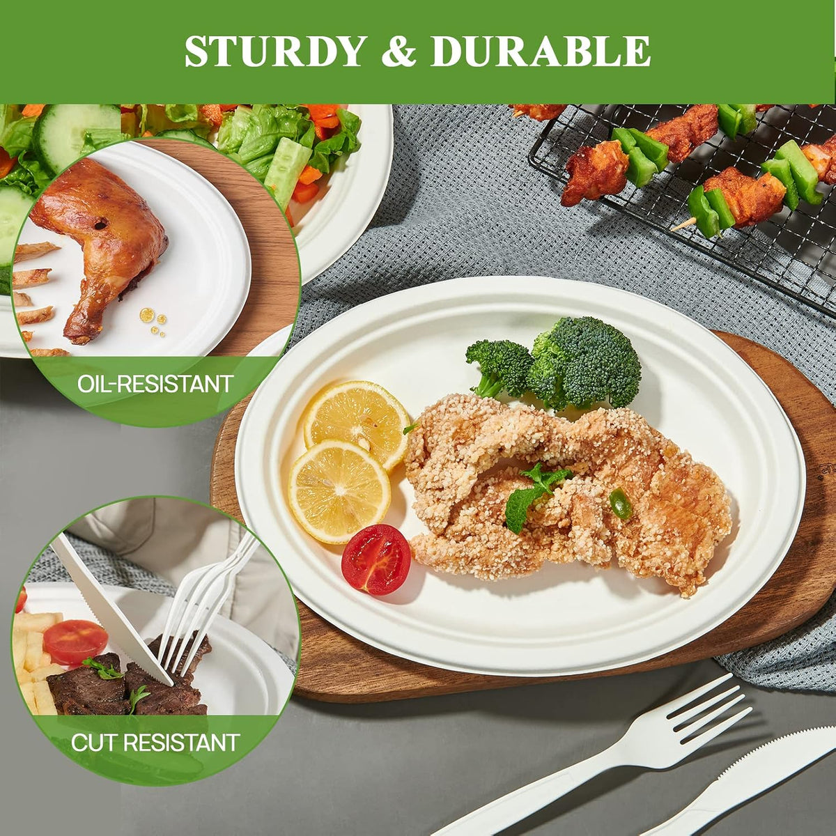 100% Compostable Oval Paper Plates 12 inch 125 Pack, White