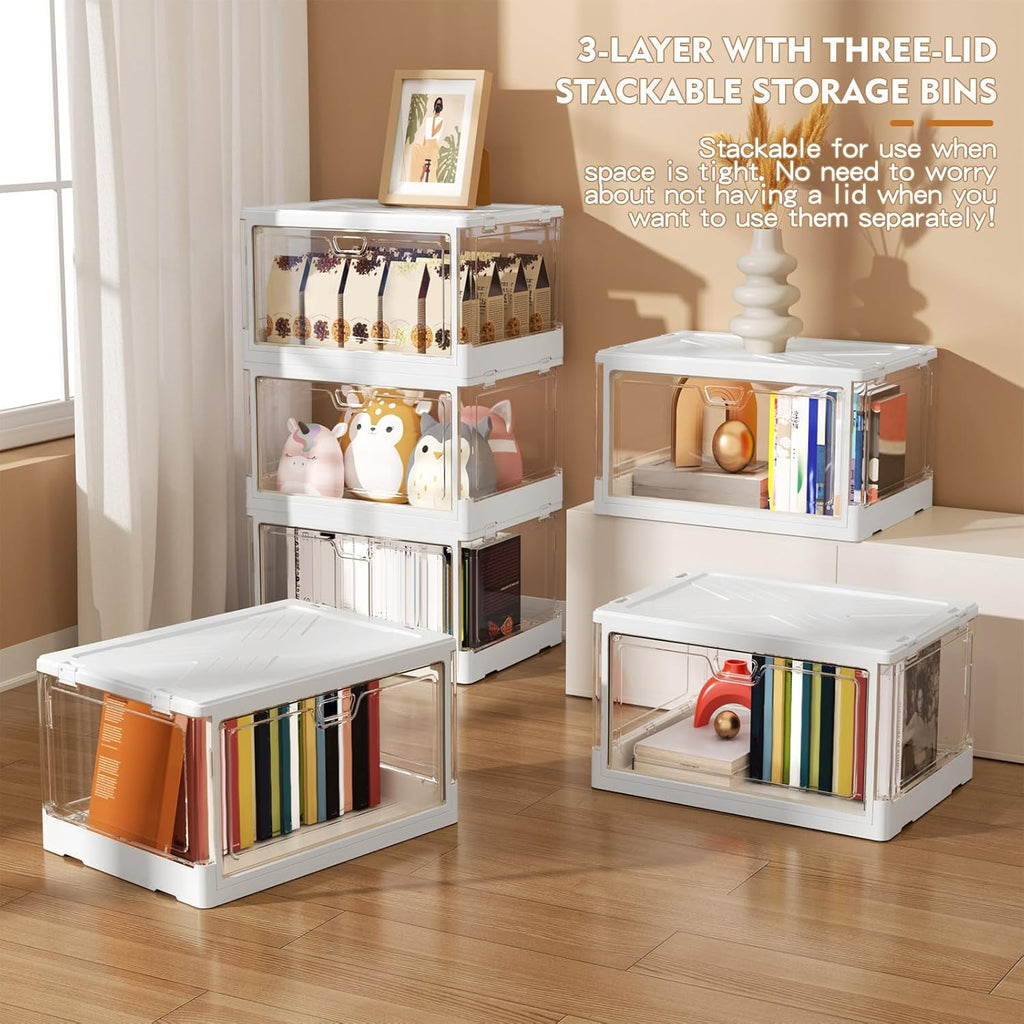 Clear Storage Bin with Lid 3 Pack 【Stackable & Sturdy】 Plastic Multifunctional Folding Storage Bins for Bedroom