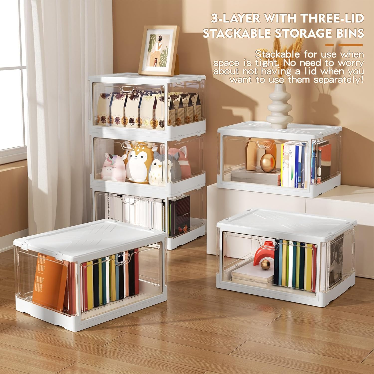 Clear Storage Bin with Lid 3 Pack 【Stackable & Sturdy】 Plastic Multifunctional Folding Storage Bins for Bedroom