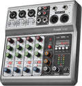 5 Channel Audio Mixer, Built-in PC Recording Interface Sound Board | 48V Phantom Power, Bluetooth&USB Playback, Echo