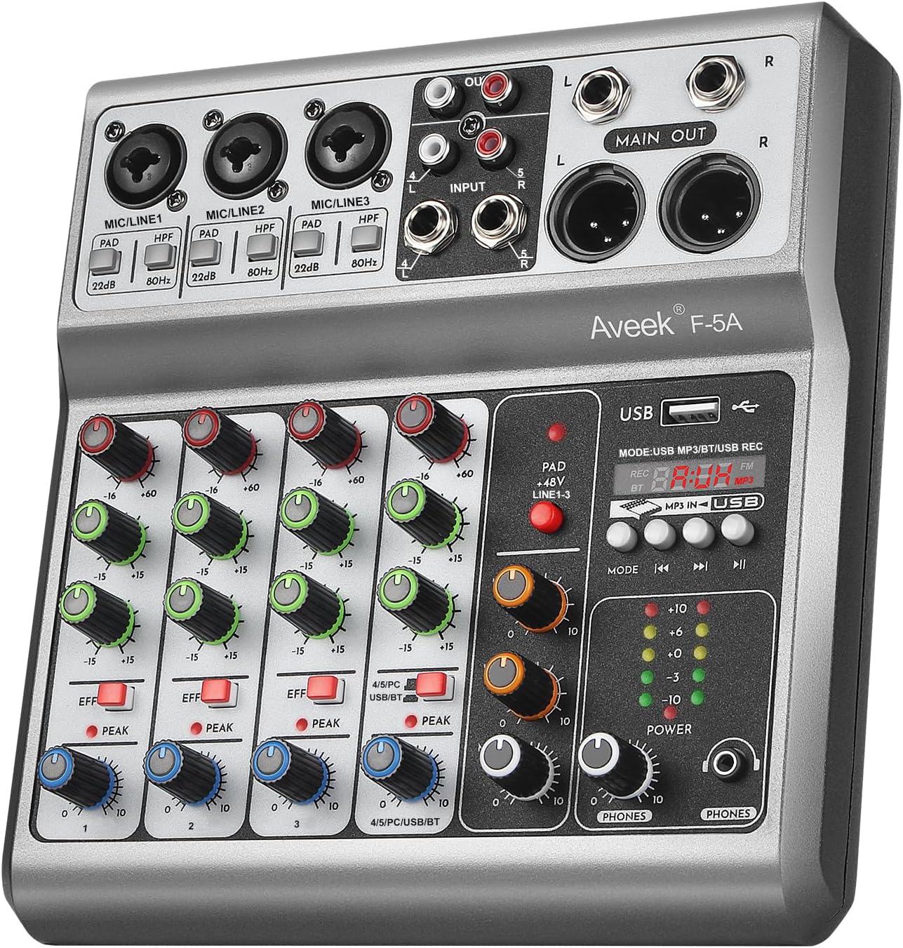 5 Channel Audio Mixer, Built-in PC Recording Interface Sound Board | 48V Phantom Power, Bluetooth&USB Playback, Echo