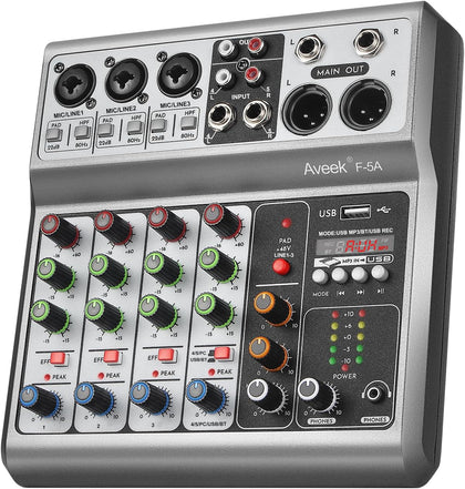 5 Channel Audio Mixer, Built-in PC Recording Interface Sound Board | 48V Phantom Power, Bluetooth&USB Playback, Echo