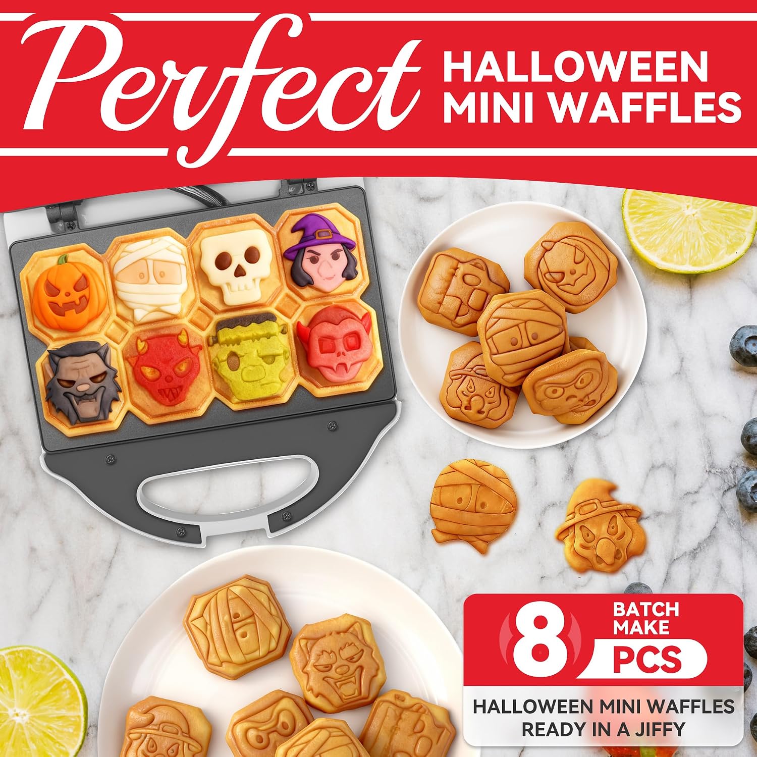 Spooky Mini Waffle Maker for Kids, Mini Pancake Maker Machine, Electric Small Waffle Iron, 8 Fun Character Waffle