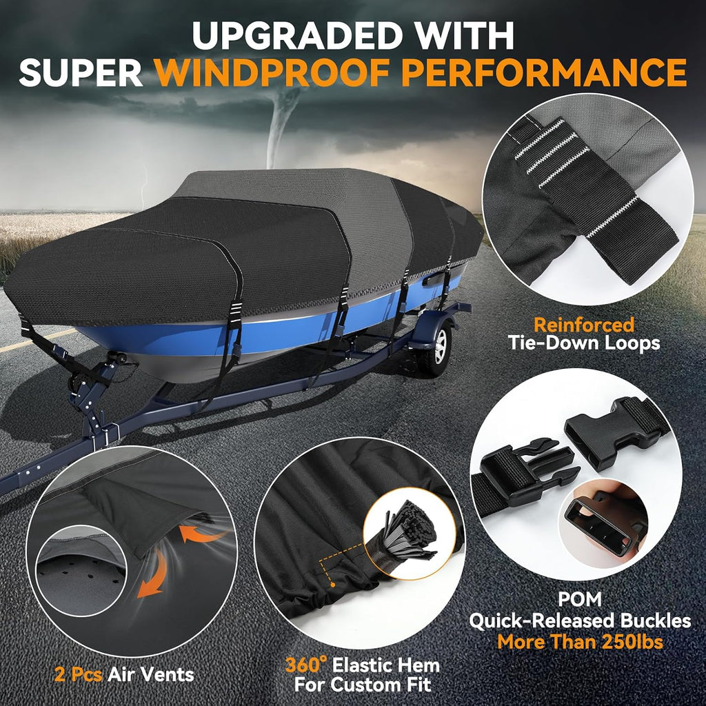 1600D+1200D V-Hull Boat Cover with 2" Wide Loops,16-18.5ft | Durable Waterproof Cover for Trailering & Mooring Fits