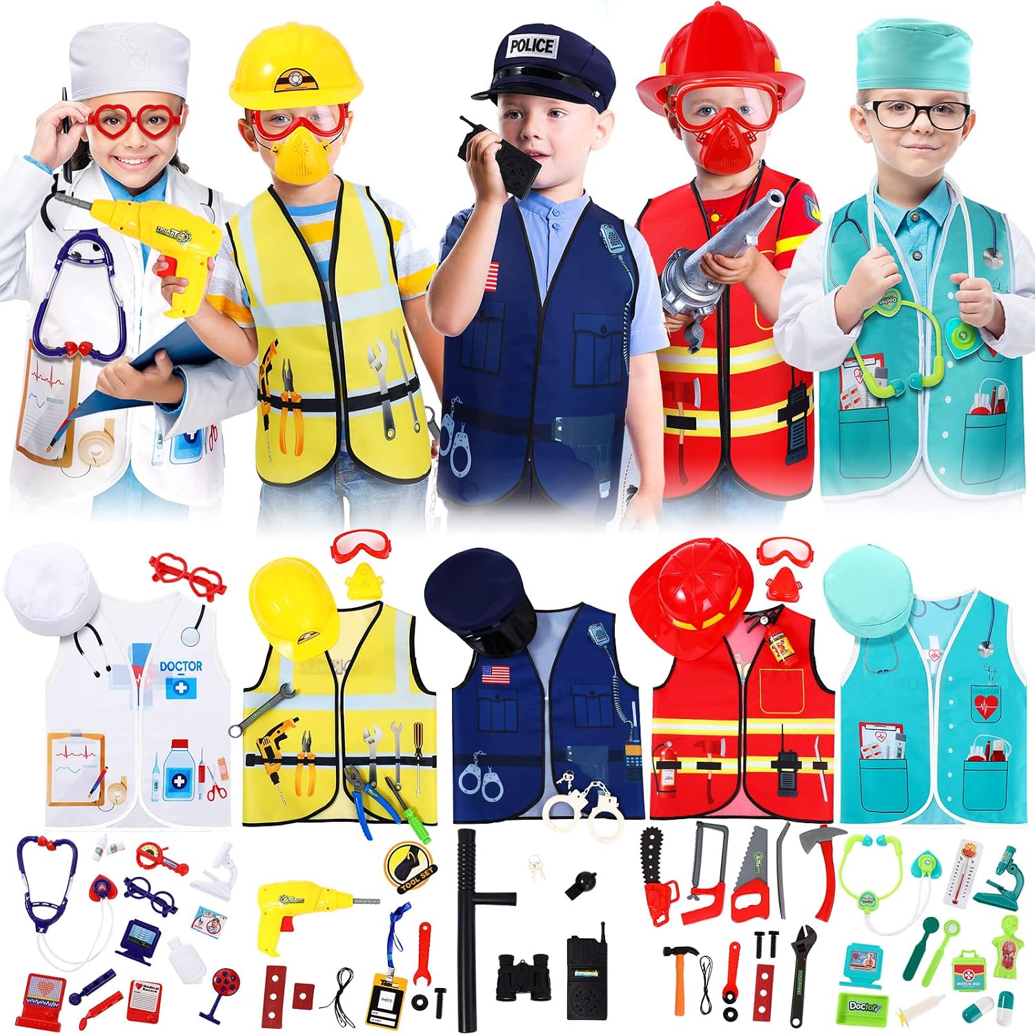 5 Sets Kids Dress up Costumes, Toddler Dress up Clothes for Boys Girls, Community Helpers Construction Worker Police