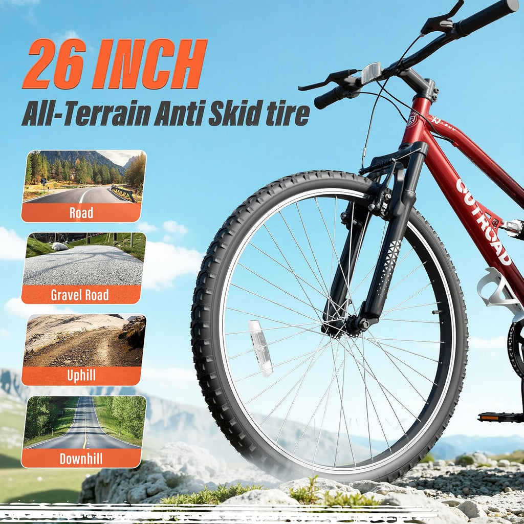 Outroad Mountain Bike, 26 inch Outdoor Cycling Bike, 7-Speed/High-Carbon Steel/V Brake MTB Bicycle, Adjustable