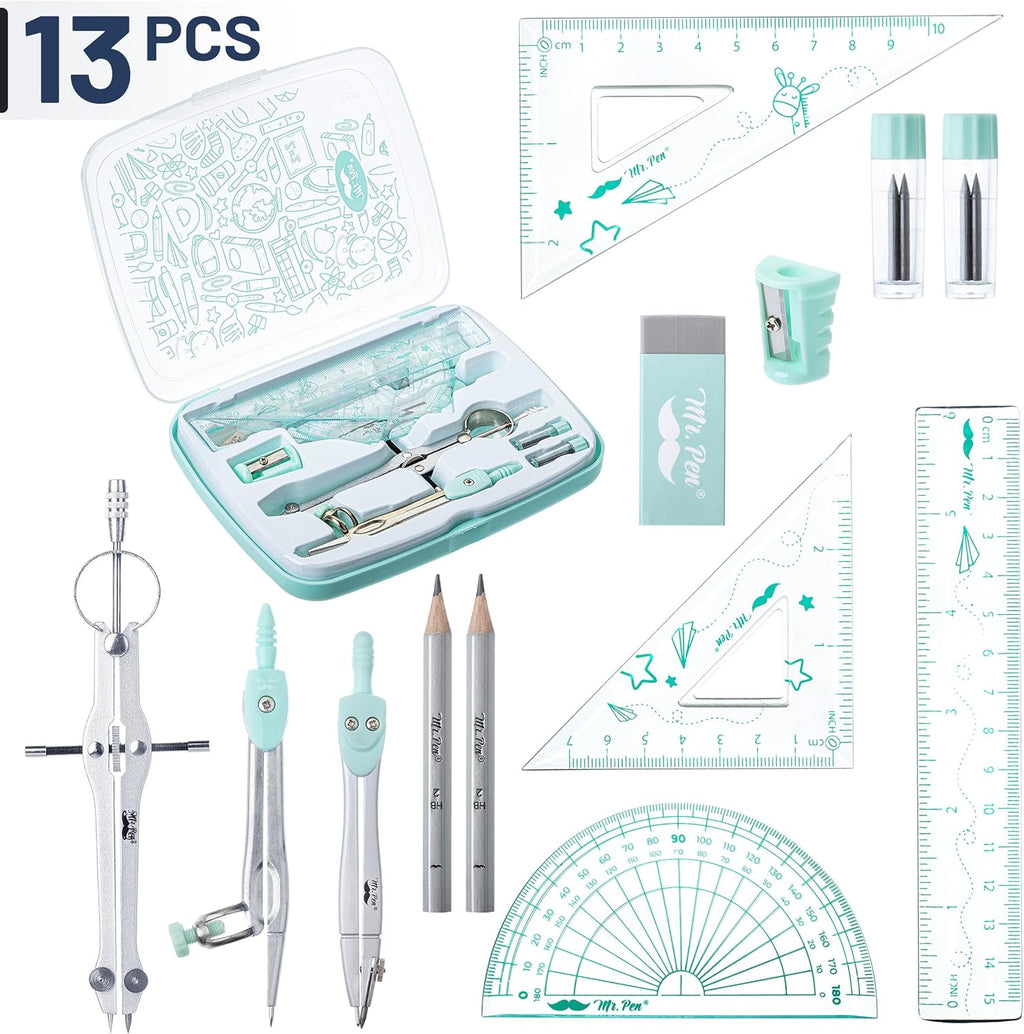 Geometry Set, 13 pcs, 3 Metal Compasses, Protractor, 6" Ruler | 45° & 30°/60° Set Squares, Pencils, Lead Refills