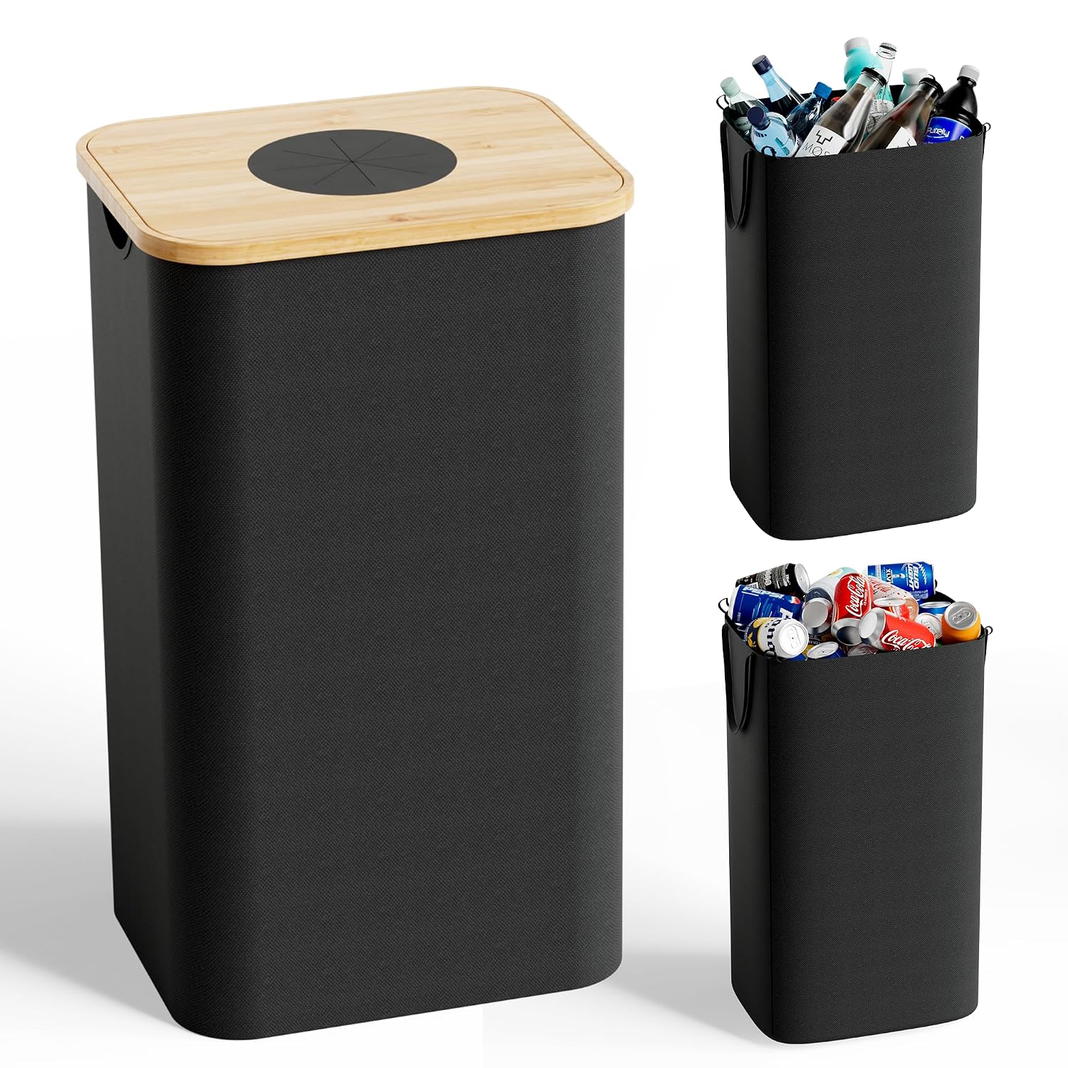 26 Gallon (100L) Recycling Bins for Kitchen with Bamboo lid, Black | with 2pcs Removeable and Reusable Inner Bags