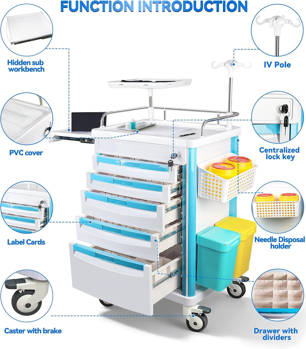 Medical Rolling Storage Crash Cart with Wheels & Drawers, Hospital Mobile Ultrasound cart with 5 Drawers & Power