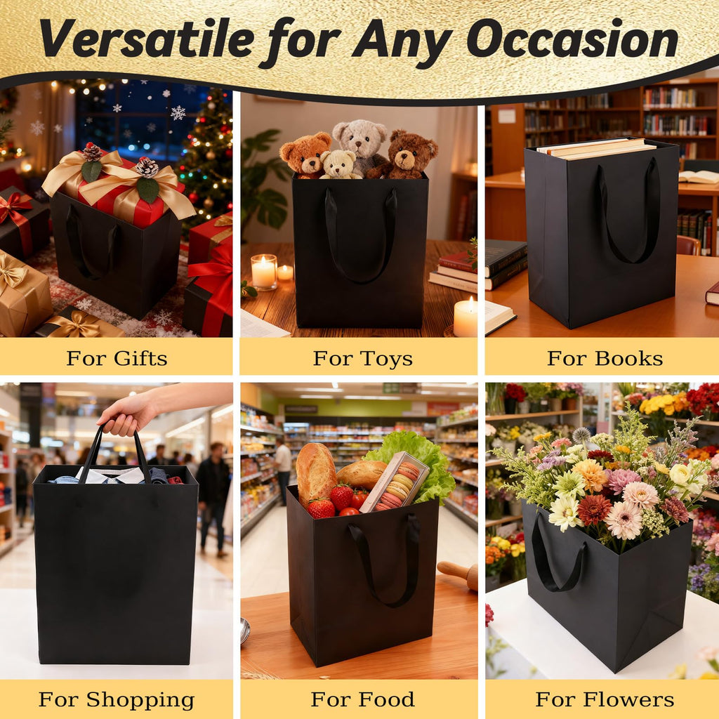 4 Pack Black Gift Bags with Handles & 8 Tissue Papers