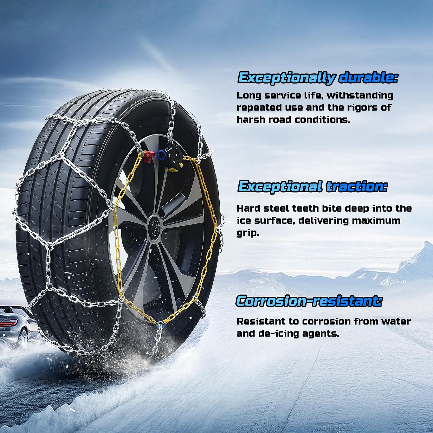 Auto Tightening Snow Chains Tire Chains Quick Easy Installation HKN120 Set of 2 for Cars SUV Pickup Trucks RV 215 225