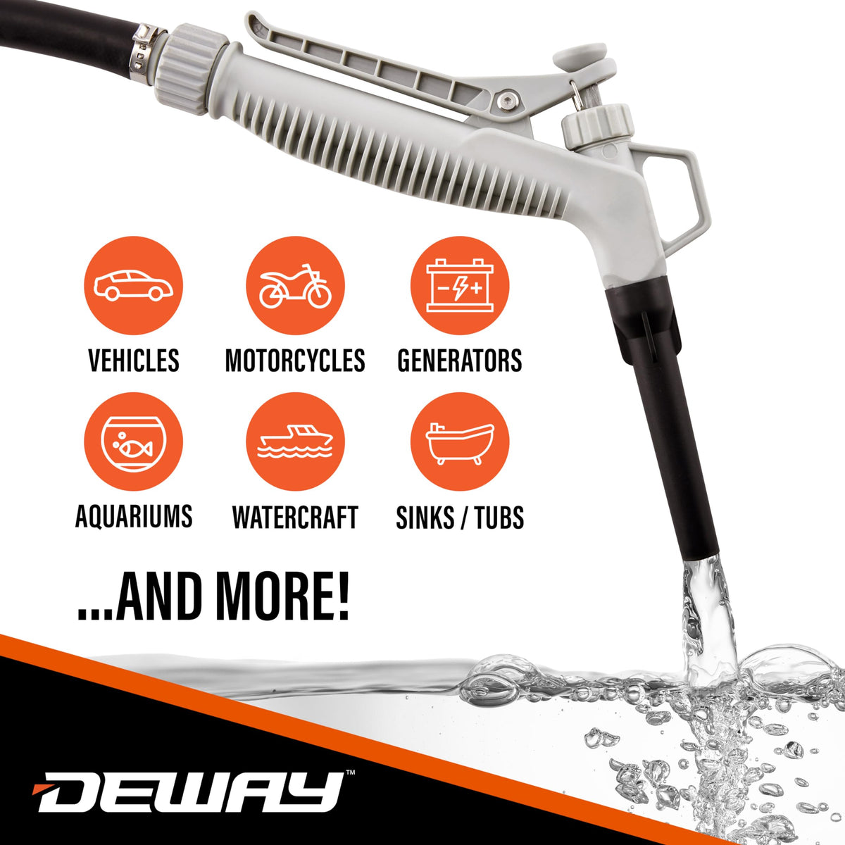 Deway Stick Fuel Pump, Trigger Nozzle, Hook Hang, 51in Rubber Hose, 4-AA