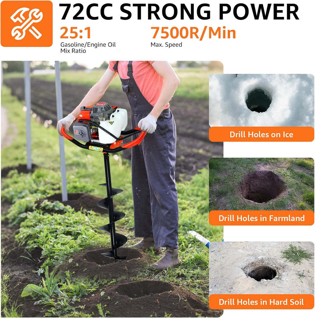 72CC Auger Post Hole Digger Gas Powered w/ 3 Bit & 2 Rods | 4" & 8" & 12" Auger Bits + 24" & 24" Extension Rod, Heavy