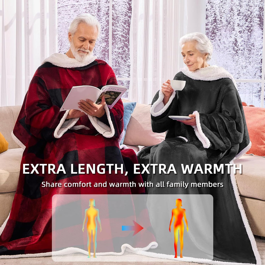 Sherpa Wearable Blanket with Sleeves, Oversized Snuggle Robe, Grey