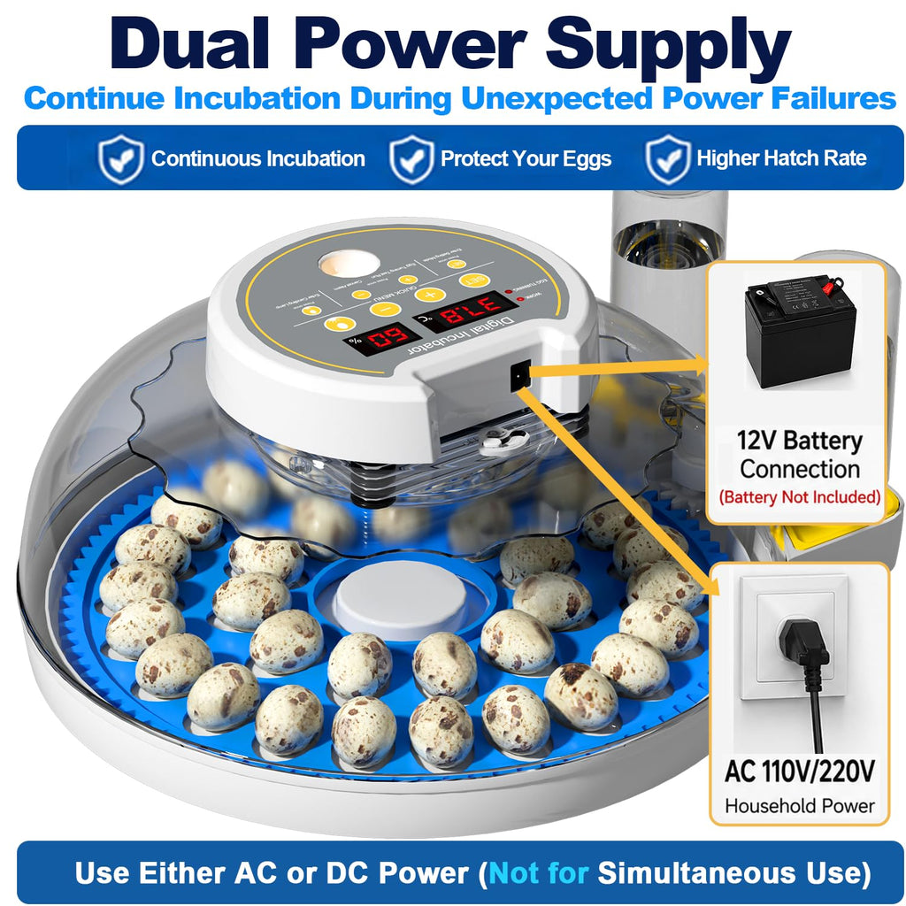 32 Quail Egg Incubator for Hatching Eggs, Dual Power Supply, Automatic Egg Turner, Humidity & Temperature Monitor