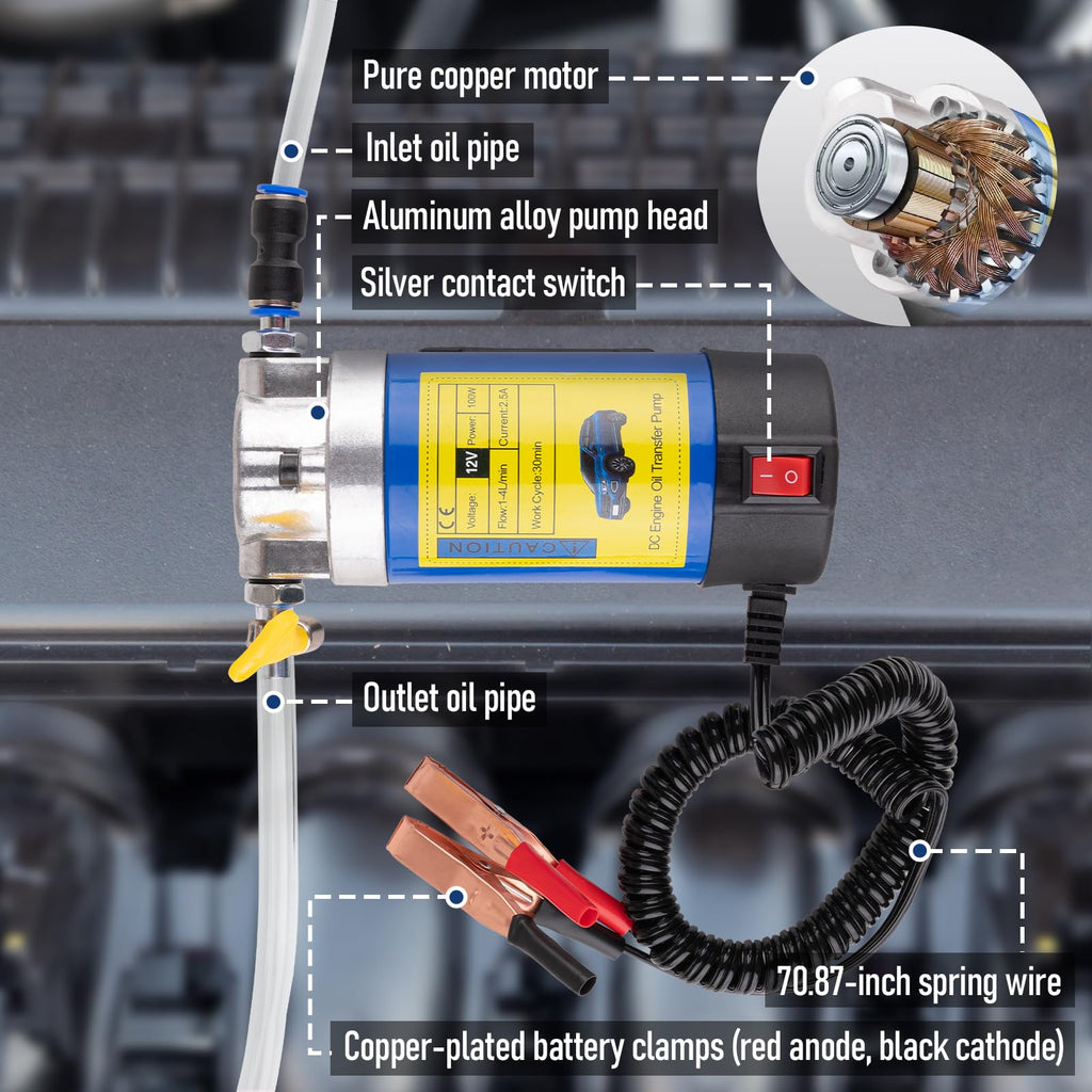 Oil Extractor Pump 12V 100W, Ultra-Quiet Fluid Transfer Pump for Engine Oil