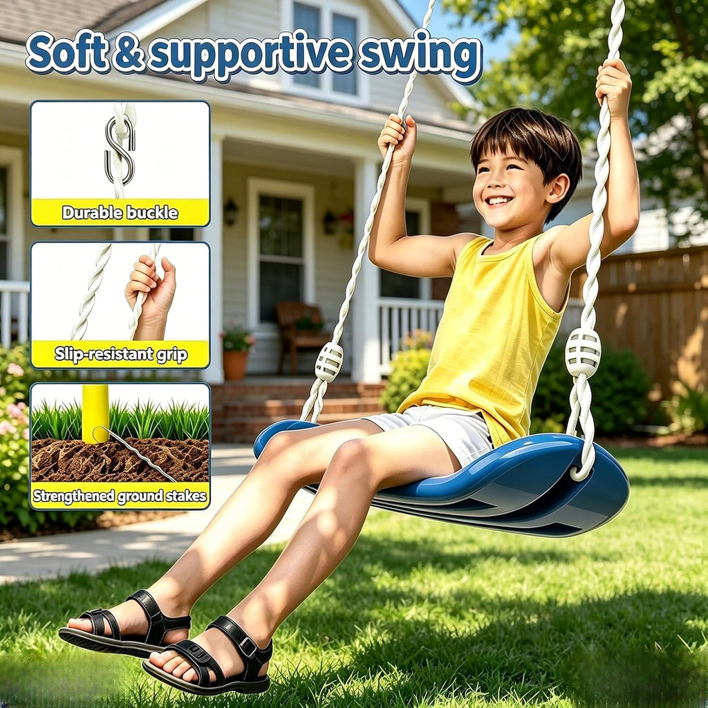 Swing Set for Backyard, 3 in 1 Metal A-Frame Swing Set with Slide, Saucer Swing & Belt Swing for Kids, Outdoor