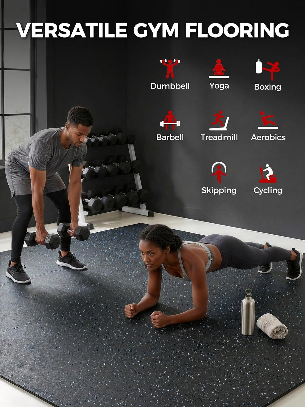 0.56in Thick 48 Sq Ft Exercise Equipment Mats, 12 Tiles Rubber Top EVA Foam Workout Mats, Interlocking Gym Flooring