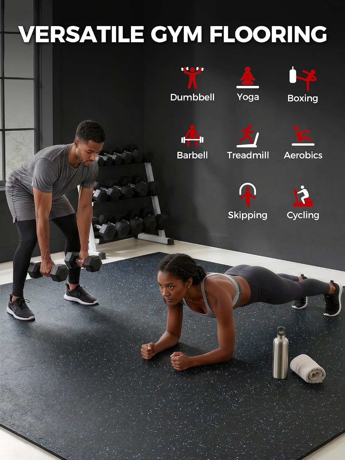 0.56in Thick 48 Sq Ft Exercise Equipment Mats, 12 Tiles Rubber Top EVA Foam Workout Mats, Interlocking Gym Flooring
